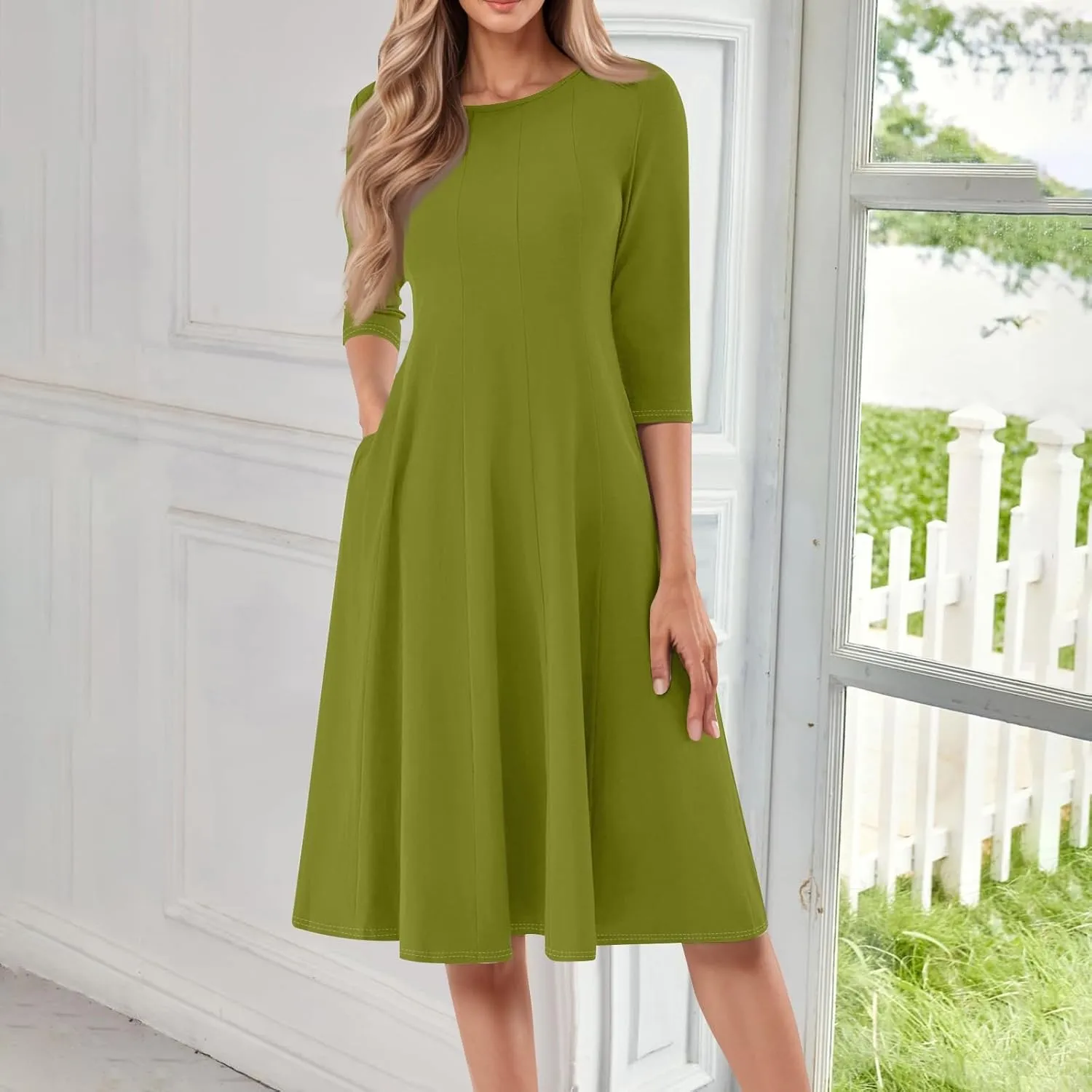 Summer Dresses for Women Crewneck 3/4 Sleeve Dress A Line Dress Spring Midi Casual Flowy with Pocket