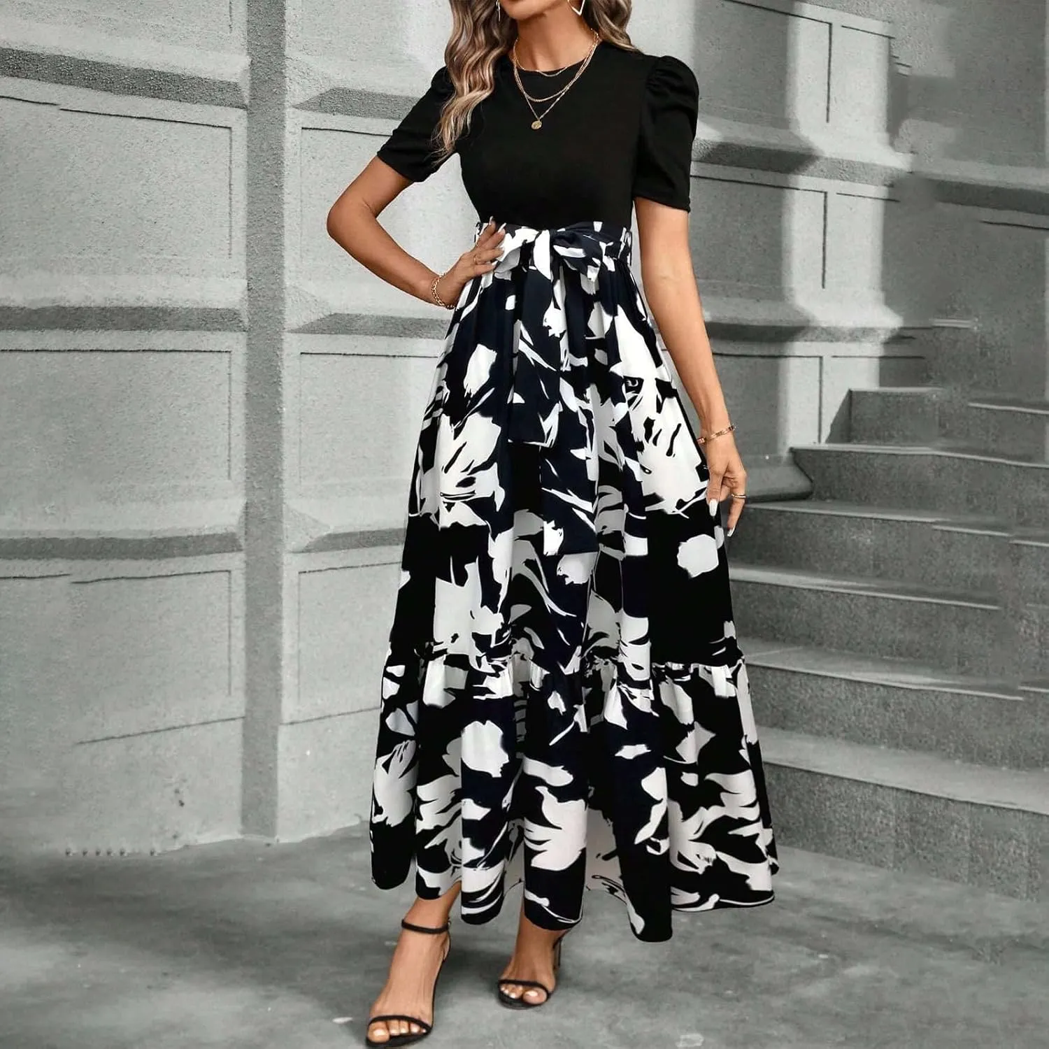 Summer Dresses for Women Puff Sleeve Flowy Floral Dress Casual Maxi Dress with Belt Elegant Sundress Long Dresses