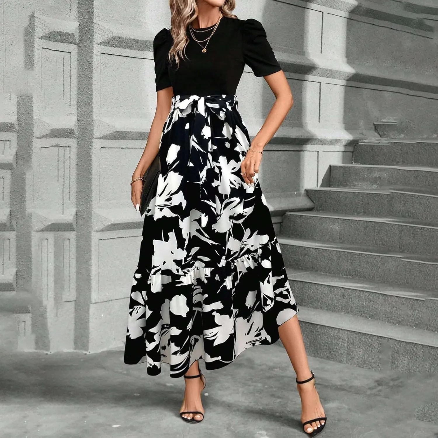 Summer Dresses for Women Puff Sleeve Flowy Floral Dress Casual Maxi Dress with Belt Elegant Sundress Long Dresses