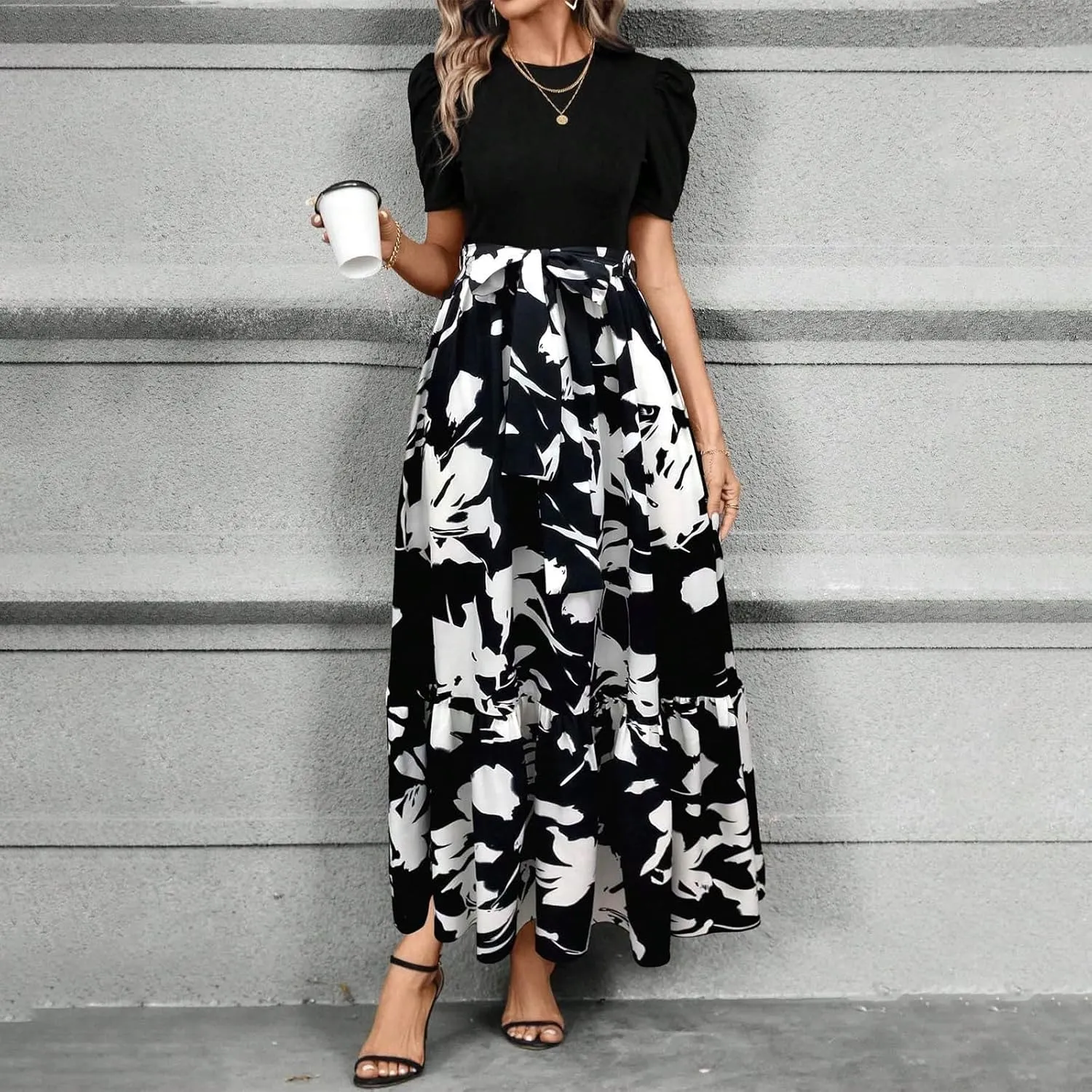 Summer Dresses for Women Puff Sleeve Flowy Floral Dress Casual Maxi Dress with Belt Elegant Sundress Long Dresses