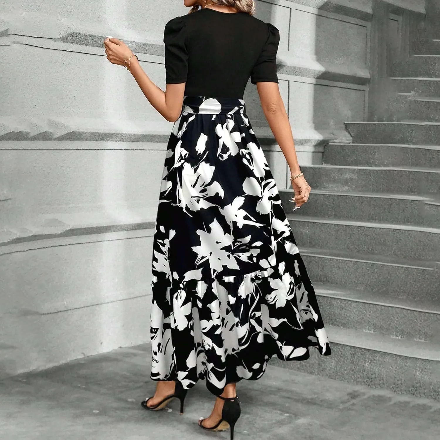 Summer Dresses for Women Puff Sleeve Flowy Floral Dress Casual Maxi Dress with Belt Elegant Sundress Long Dresses