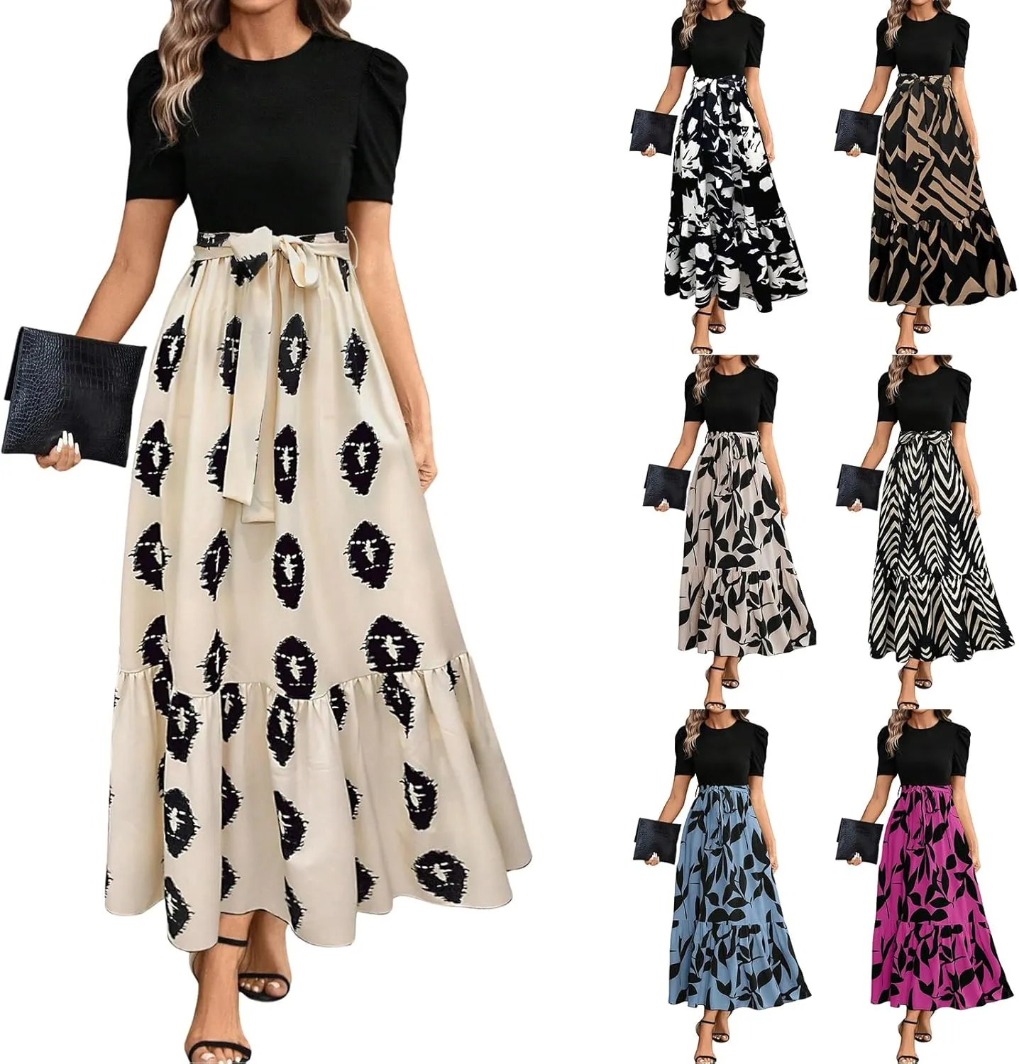 Summer Dresses for Women Puff Sleeve Flowy Floral Dress Casual Maxi Dress with Belt Elegant Sundress Long Dresses