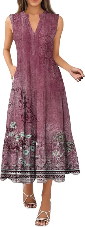 Summer Dresses for Women Sleeveless V Neck Sundresses High Wasited Print Soft Loose Casual Flowy Dress with Pocket