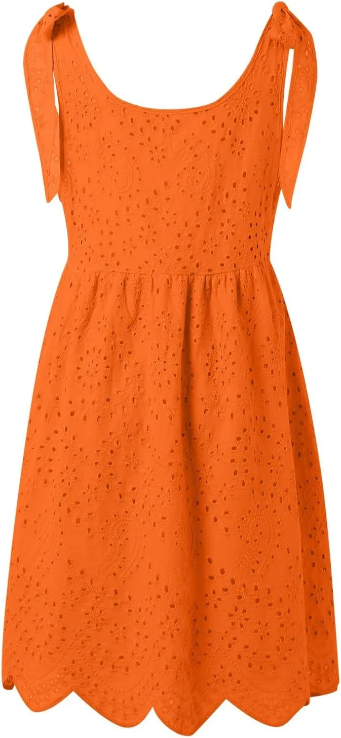 Summer Dresses for Women Tie Front Smocked Dress Empire Waist Ruffle Tiered Sundress Casual Swing Mini Dresses