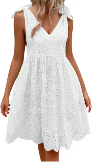 Summer Dresses for Women Tie Front Smocked Dress Empire Waist Ruffle Tiered Sundress Casual Swing Mini Dresses