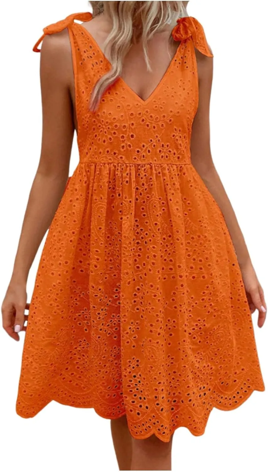 Summer Dresses for Women Tie Front Smocked Dress Empire Waist Ruffle Tiered Sundress Casual Swing Mini Dresses