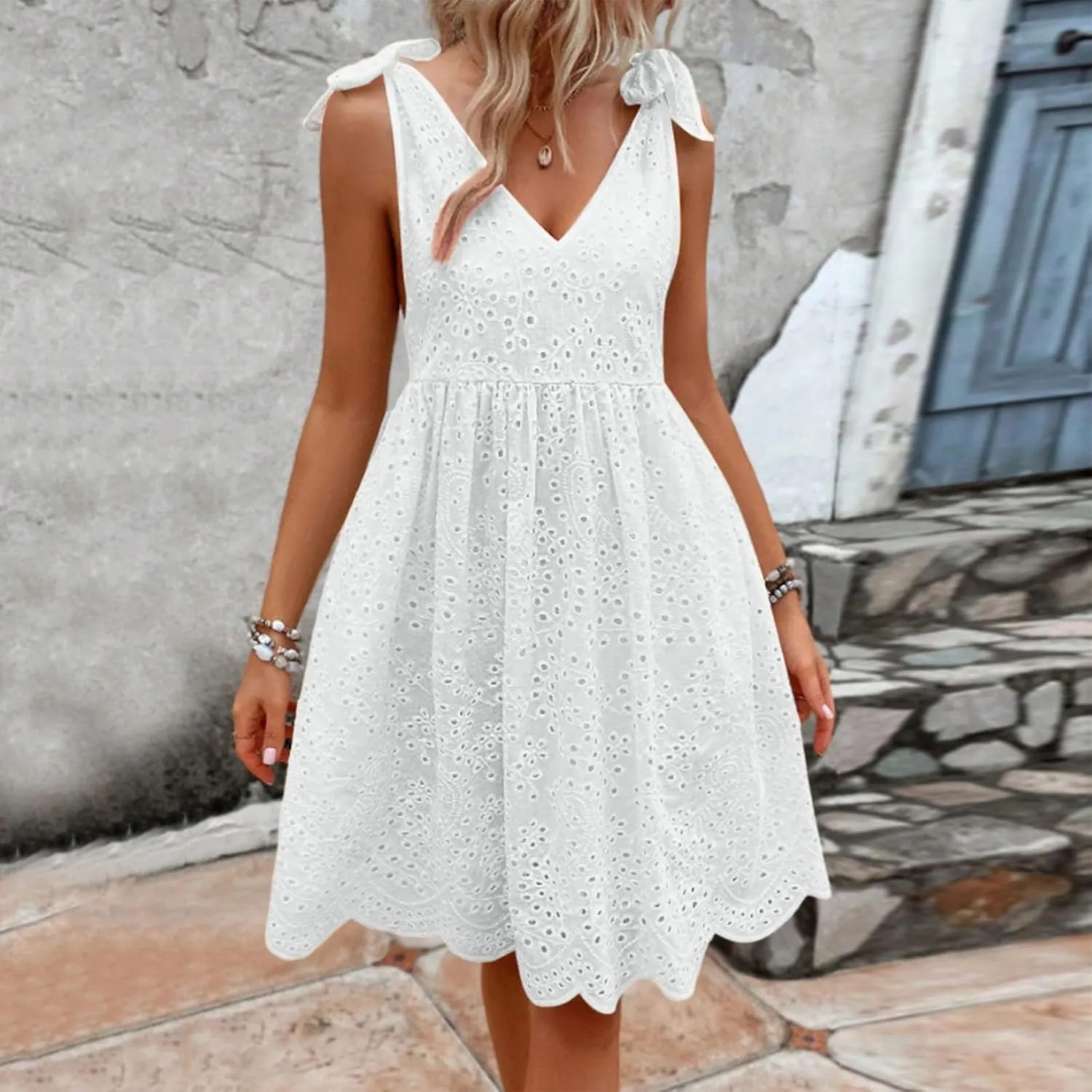 Summer Dresses for Women Tie Front Smocked Dress Empire Waist Ruffle Tiered Sundress Casual Swing Mini Dresses
