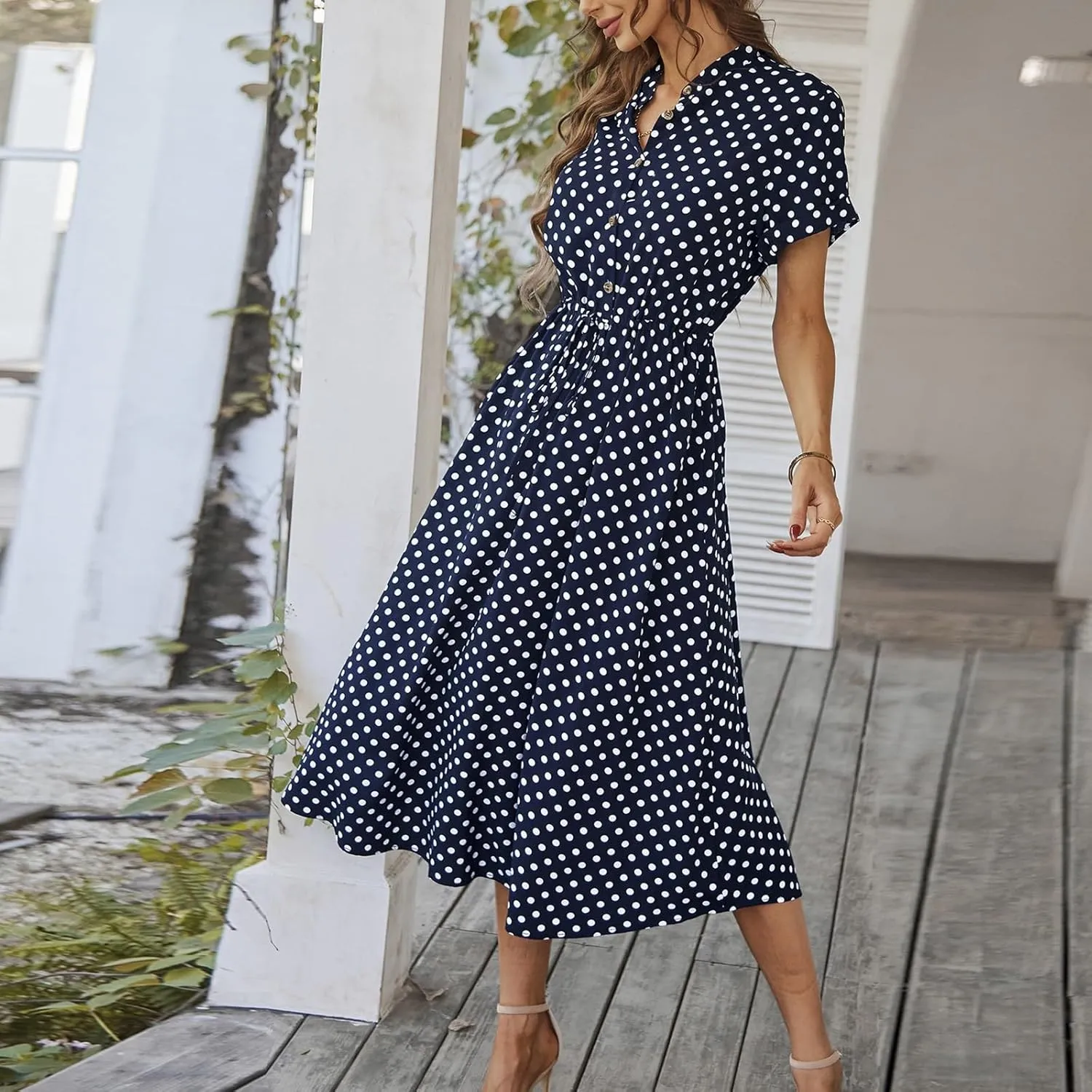 Summer Dresses for Women Trendy Short Sleeve Ruched Tie Waist Dress V Neck Polka Dot Button Down Boho Midi Sundress