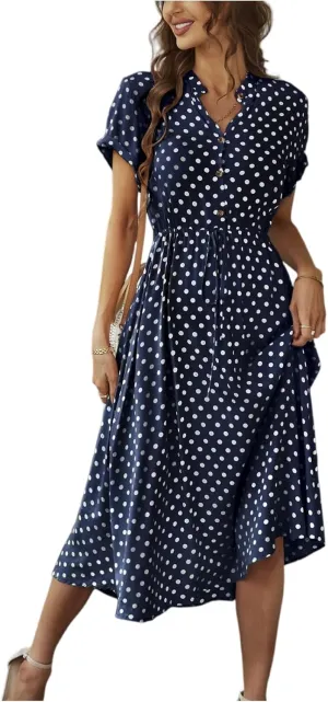 Summer Dresses for Women Trendy Short Sleeve Ruched Tie Waist Dress V Neck Polka Dot Button Down Boho Midi Sundress