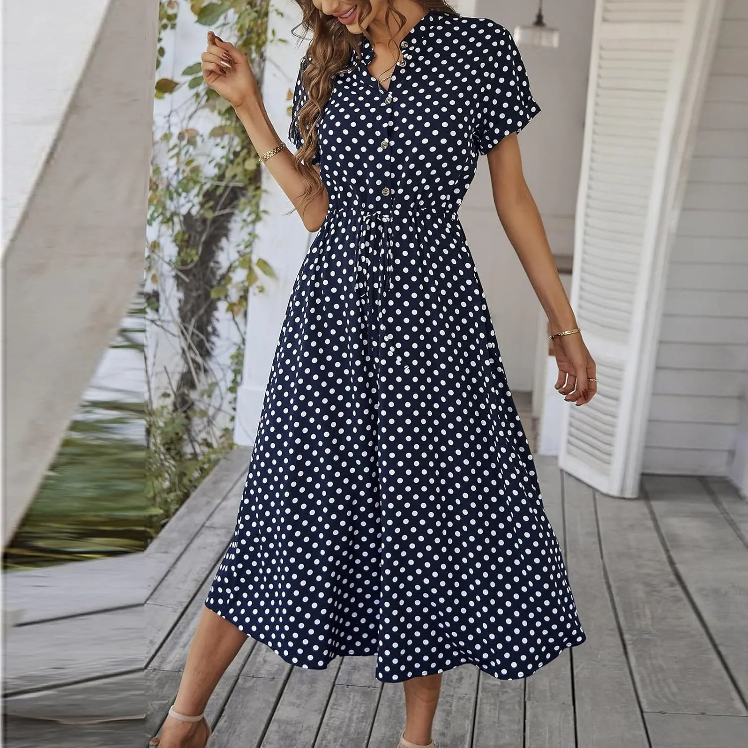 Summer Dresses for Women Trendy Short Sleeve Ruched Tie Waist Dress V Neck Polka Dot Button Down Boho Midi Sundress