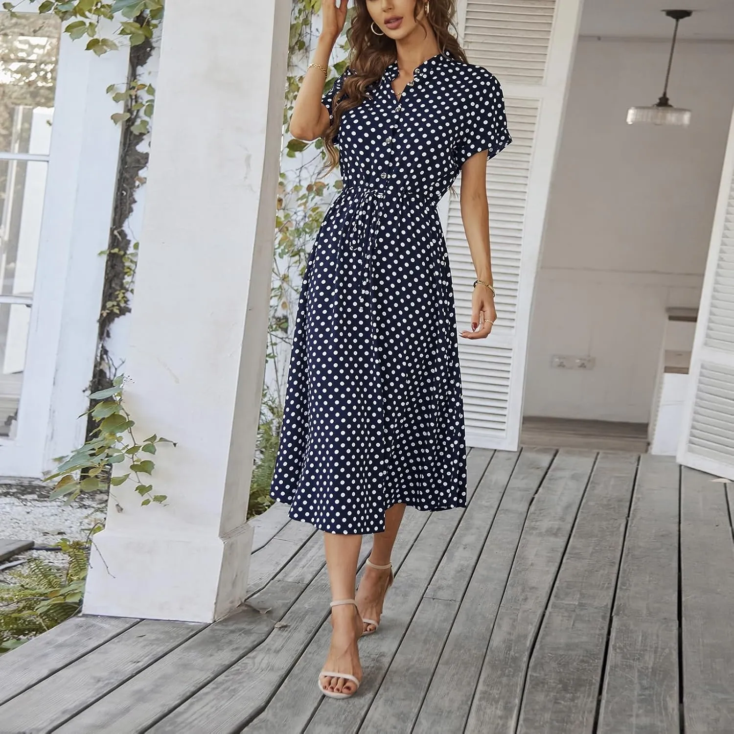 Summer Dresses for Women Trendy Short Sleeve Ruched Tie Waist Dress V Neck Polka Dot Button Down Boho Midi Sundress