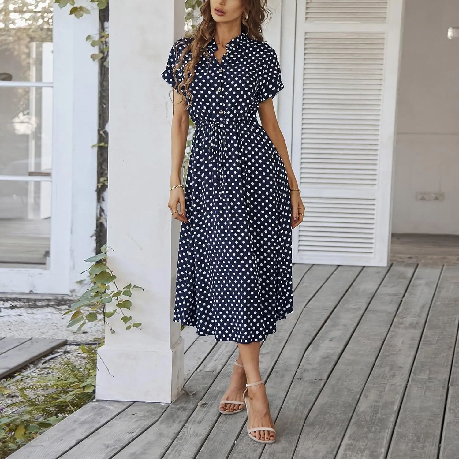 Summer Dresses for Women Trendy Short Sleeve Ruched Tie Waist Dress V Neck Polka Dot Button Down Boho Midi Sundress
