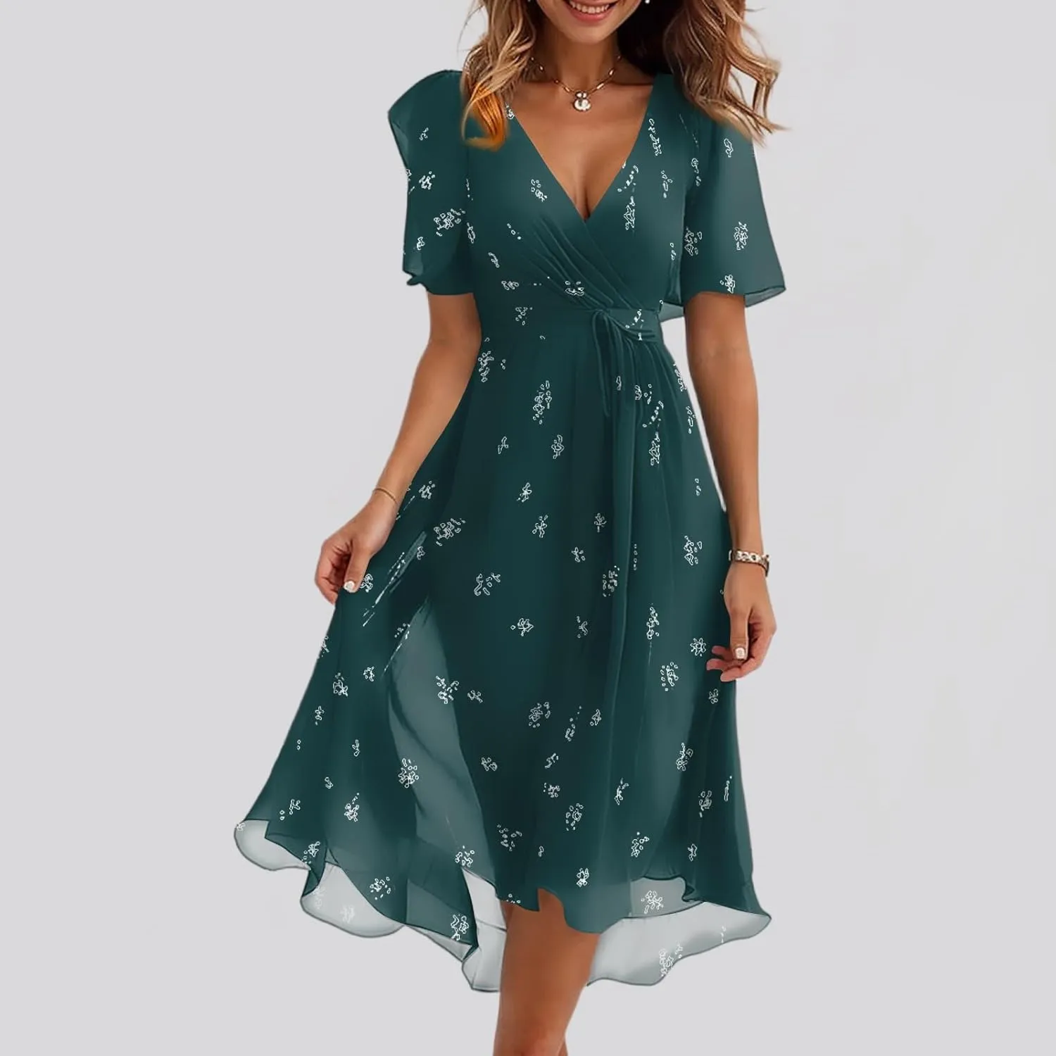 Summer Floral Chiffon Dresses for Women 2025 Midi Trendy Flowy Swing Short Sleeve V Neck Tie Elastic Waist A Line Dress