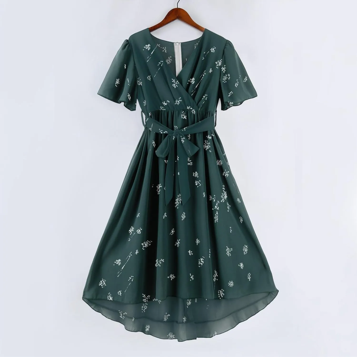 Summer Floral Chiffon Dresses for Women 2025 Midi Trendy Flowy Swing Short Sleeve V Neck Tie Elastic Waist A Line Dress