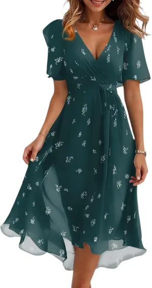 Summer Floral Chiffon Dresses for Women 2025 Midi Trendy Flowy Swing Short Sleeve V Neck Tie Elastic Waist A Line Dress