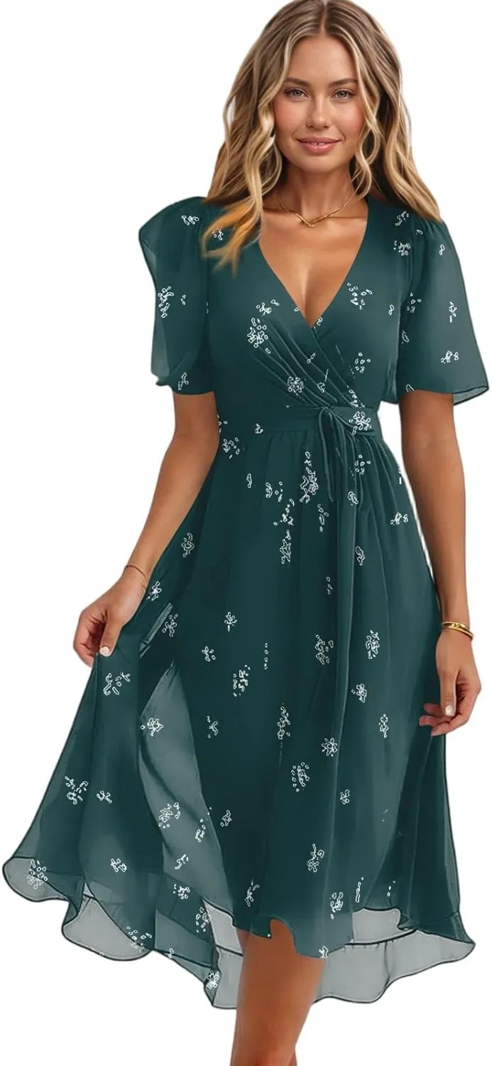 Summer Floral Chiffon Dresses for Women 2025 Midi Trendy Flowy Swing Short Sleeve V Neck Tie Elastic Waist A Line Dress