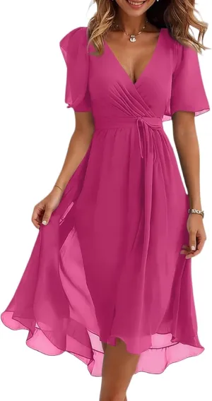 Summer Floral Dresses for Women 2025 Midi Wedding Guest Dress Chiffon Dresses V Neck Short Sleeve Tie Waist Ruffled Hem
