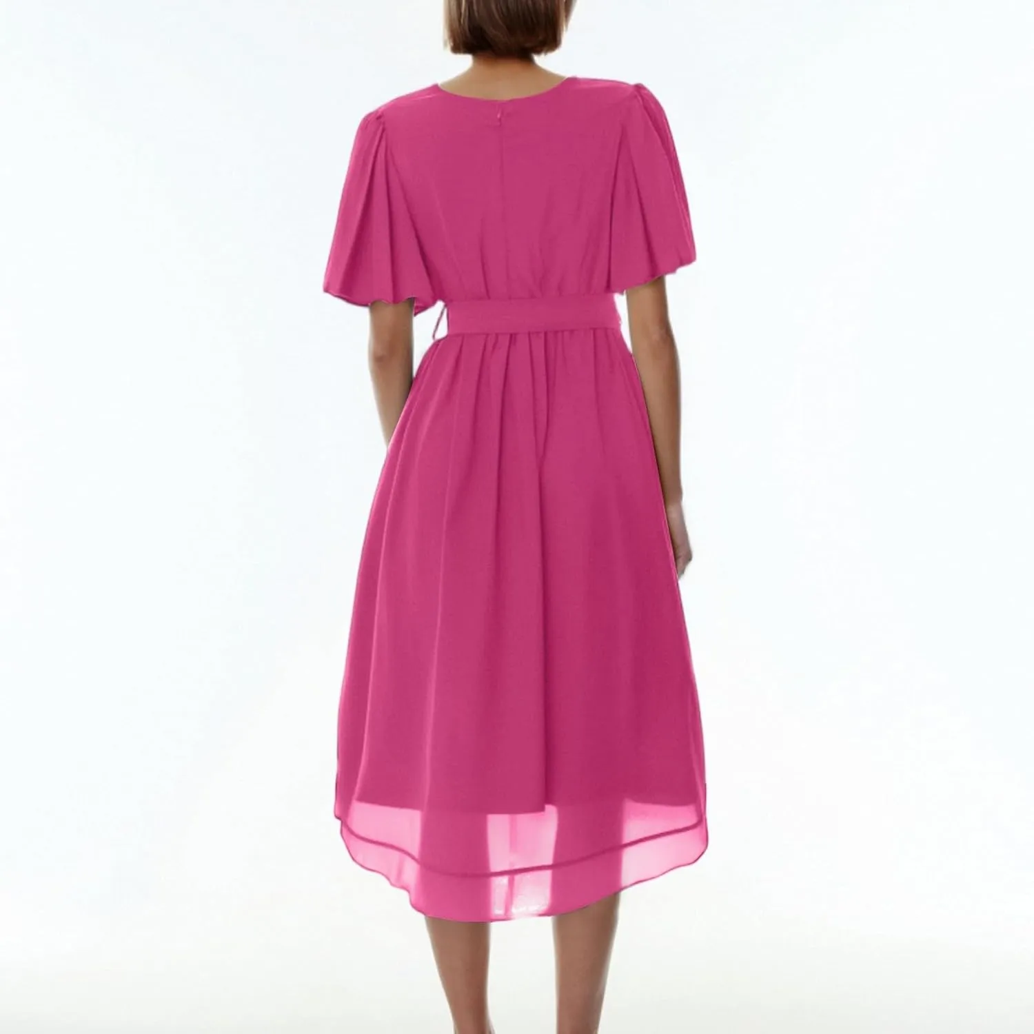Summer Floral Dresses for Women 2025 Midi Wedding Guest Dress Chiffon Dresses V Neck Short Sleeve Tie Waist Ruffled Hem