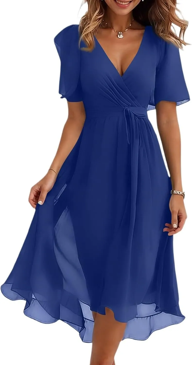 Summer Floral Dresses for Women 2025 Midi Wedding Guest Dress Chiffon Dresses V Neck Short Sleeve Tie Waist Ruffled Hem