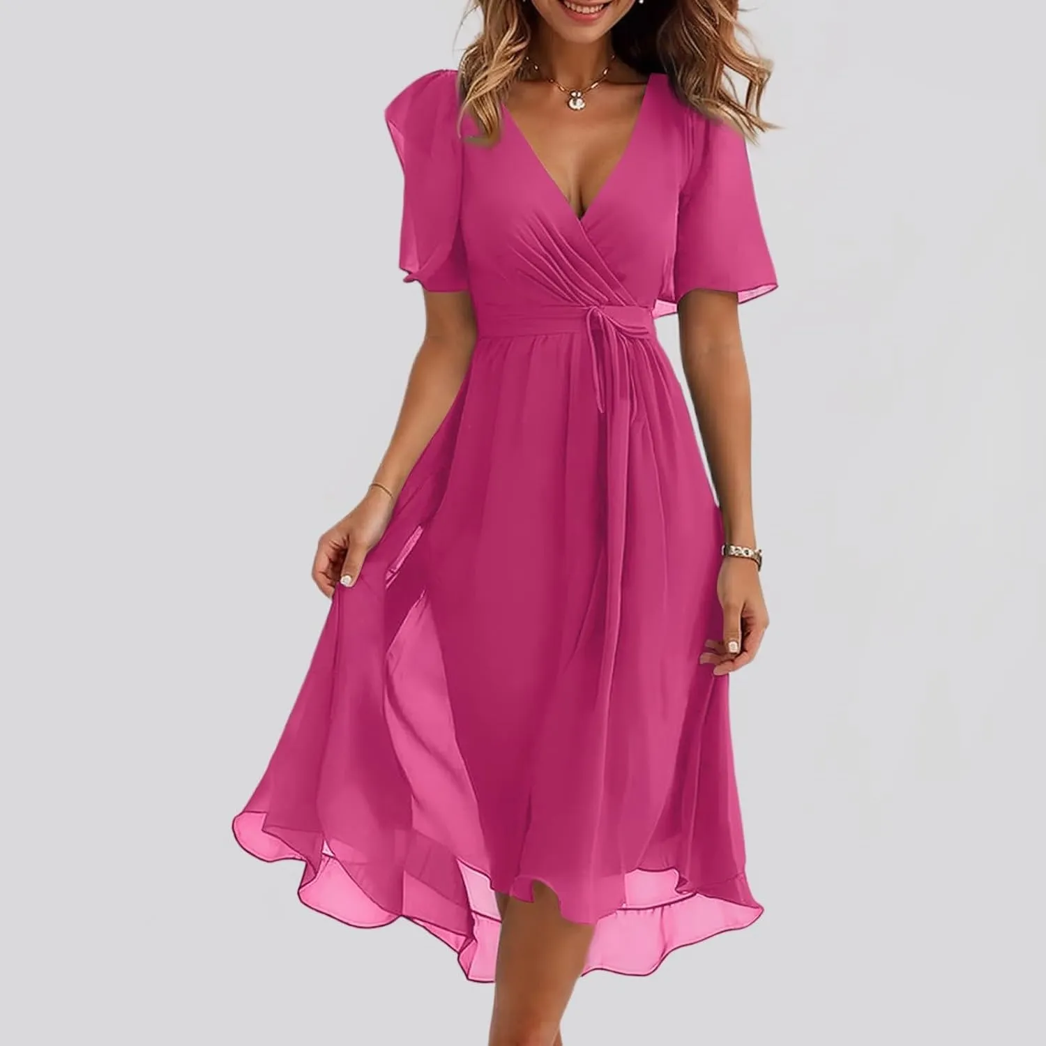 Summer Floral Dresses for Women 2025 Midi Wedding Guest Dress Chiffon Dresses V Neck Short Sleeve Tie Waist Ruffled Hem
