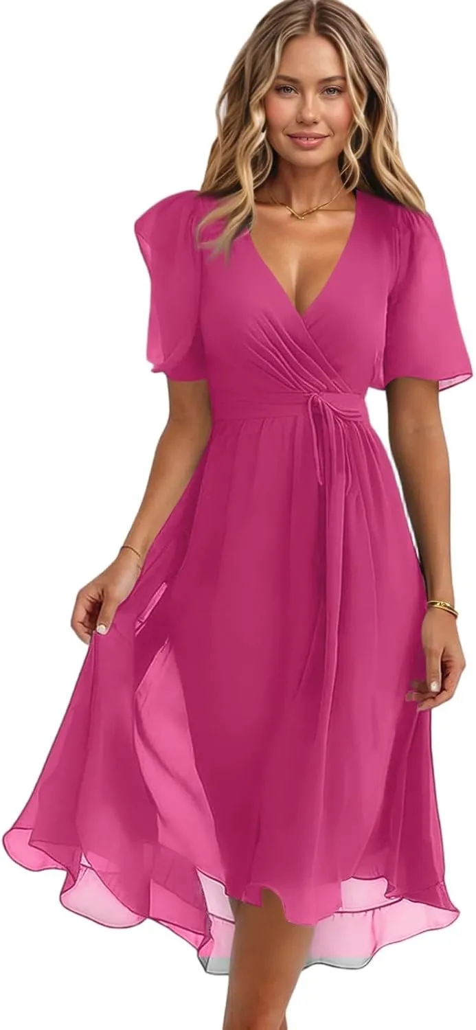 Summer Floral Dresses for Women 2025 Midi Wedding Guest Dress Chiffon Dresses V Neck Short Sleeve Tie Waist Ruffled Hem
