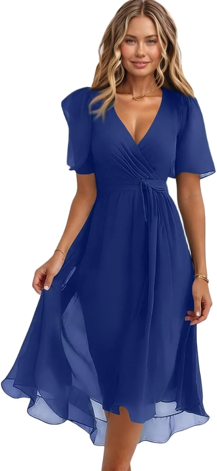 Summer Floral Dresses for Women 2025 Midi Wedding Guest Dress Chiffon Dresses V Neck Short Sleeve Tie Waist Ruffled Hem