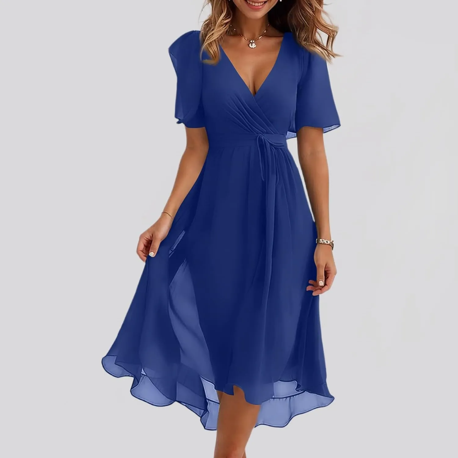Summer Floral Dresses for Women 2025 Midi Wedding Guest Dress Chiffon Dresses V Neck Short Sleeve Tie Waist Ruffled Hem