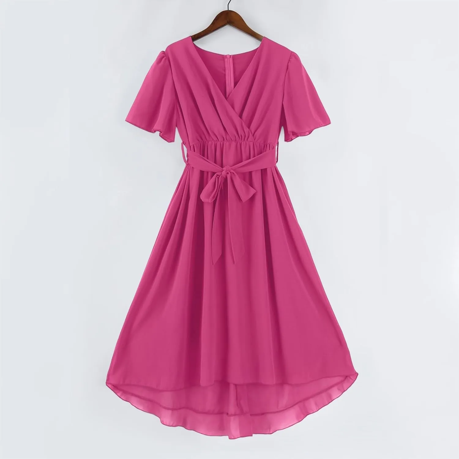 Summer Floral Dresses for Women 2025 Midi Wedding Guest Dress Chiffon Dresses V Neck Short Sleeve Tie Waist Ruffled Hem