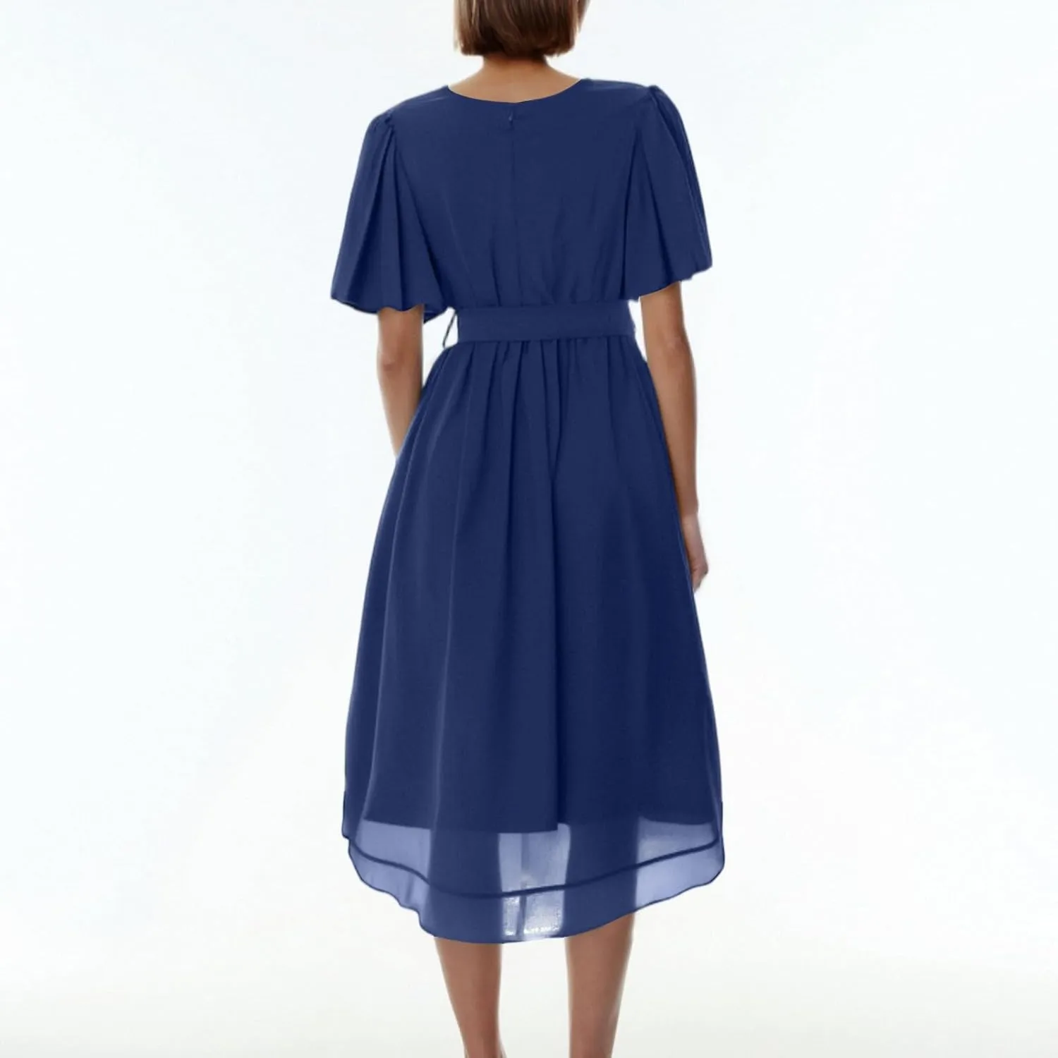 Summer Floral Dresses for Women 2025 Midi Wedding Guest Dress Chiffon Dresses V Neck Short Sleeve Tie Waist Ruffled Hem