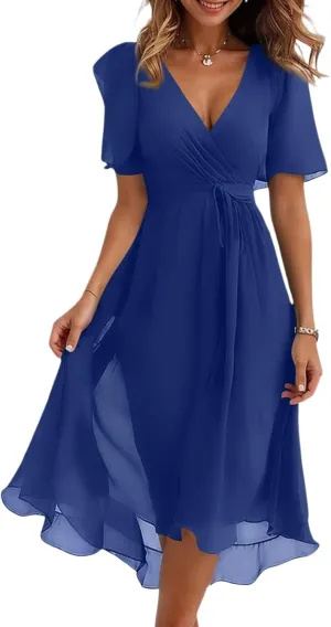 Summer Floral Dresses for Women 2025 Midi Wedding Guest Dress Chiffon Dresses V Neck Short Sleeve Tie Waist Ruffled Hem