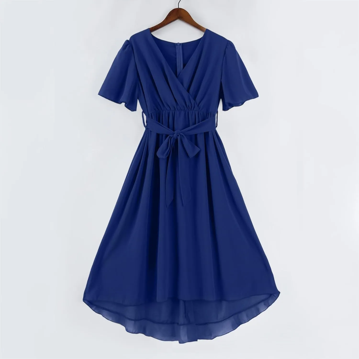 Summer Floral Dresses for Women 2025 Midi Wedding Guest Dress Chiffon Dresses V Neck Short Sleeve Tie Waist Ruffled Hem