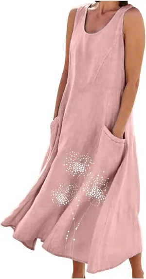 Summer Linen Dresses for Women 2025 Sleeveless Crewneck Print Casual Boho Midi Sundress Beach Vacation Outfit Pockets
