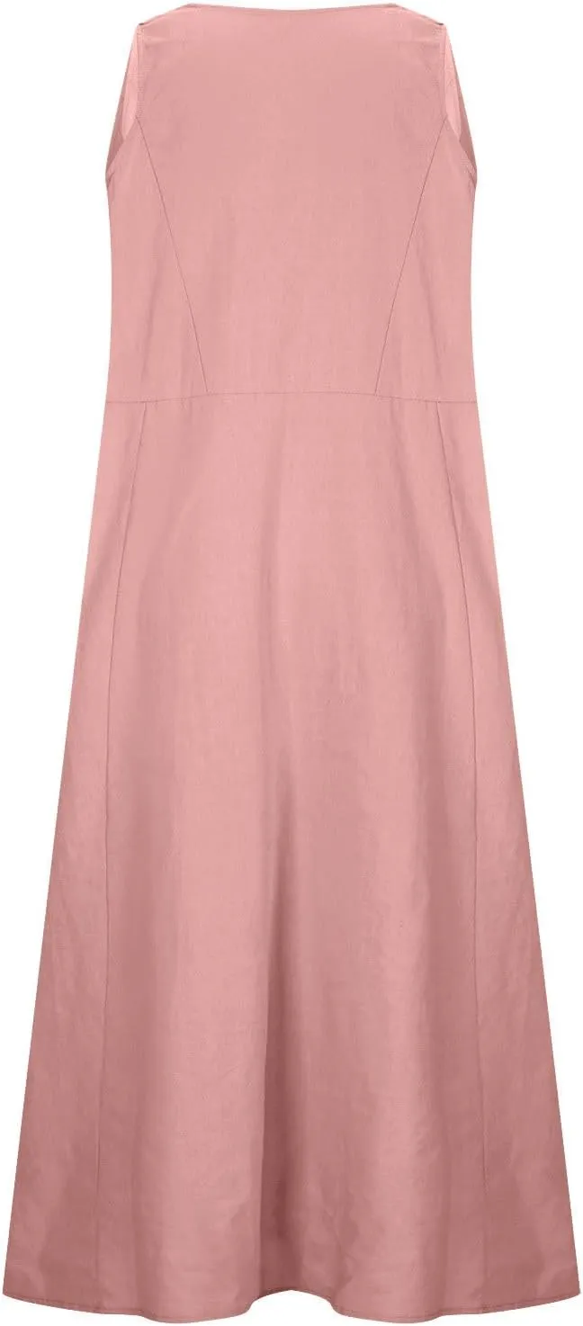 Summer Linen Dresses for Women 2025 Sleeveless Crewneck Print Casual Boho Midi Sundress Beach Vacation Outfit Pockets