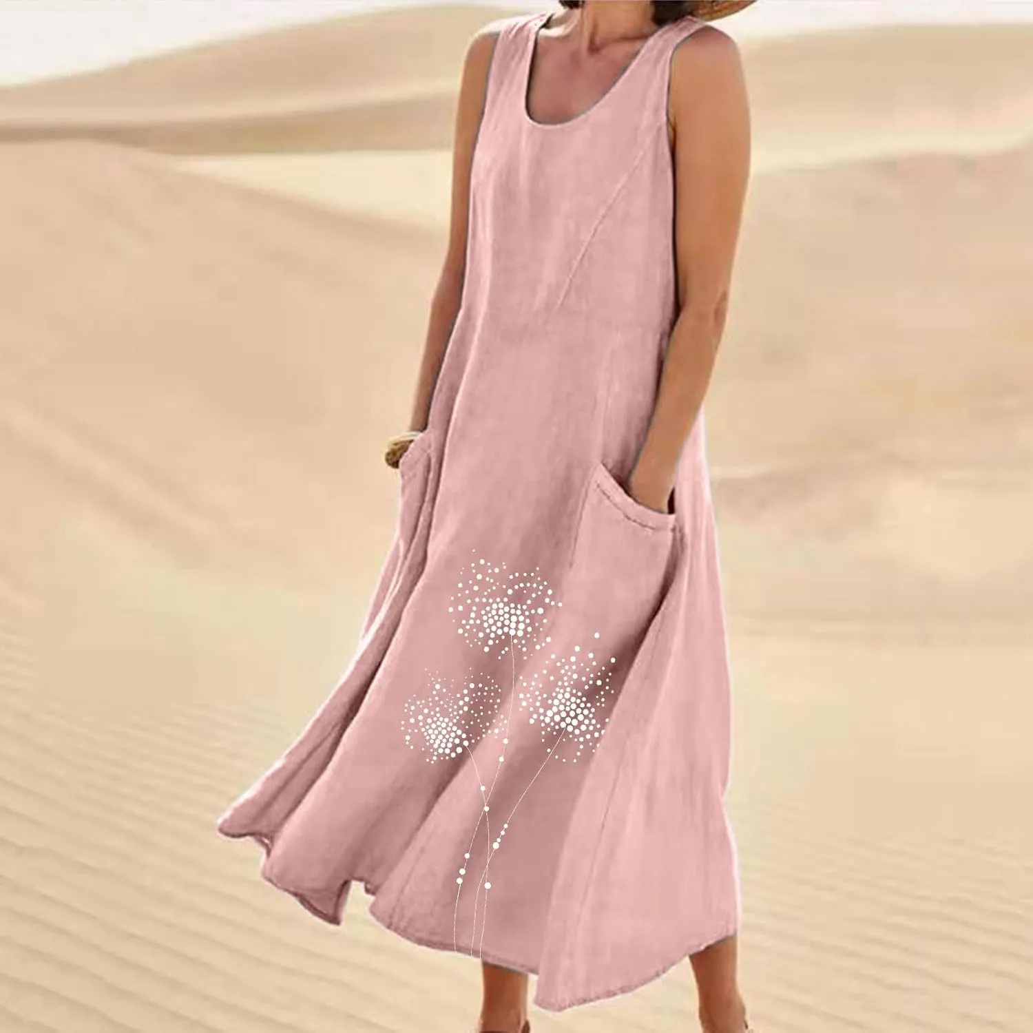 Summer Linen Dresses for Women 2025 Sleeveless Crewneck Print Casual Boho Midi Sundress Beach Vacation Outfit Pockets