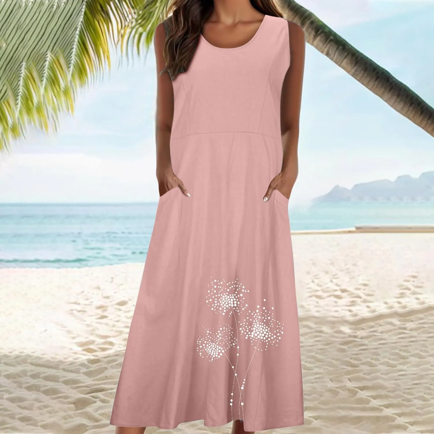 Summer Linen Dresses for Women 2025 Sleeveless Crewneck Print Casual Boho Midi Sundress Beach Vacation Outfit Pockets