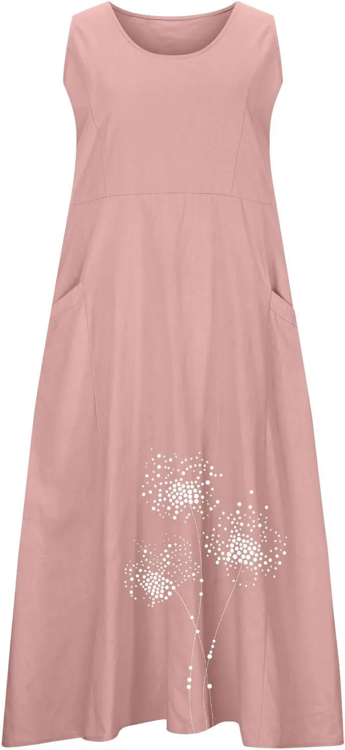 Summer Linen Dresses for Women 2025 Sleeveless Crewneck Print Casual Boho Midi Sundress Beach Vacation Outfit Pockets
