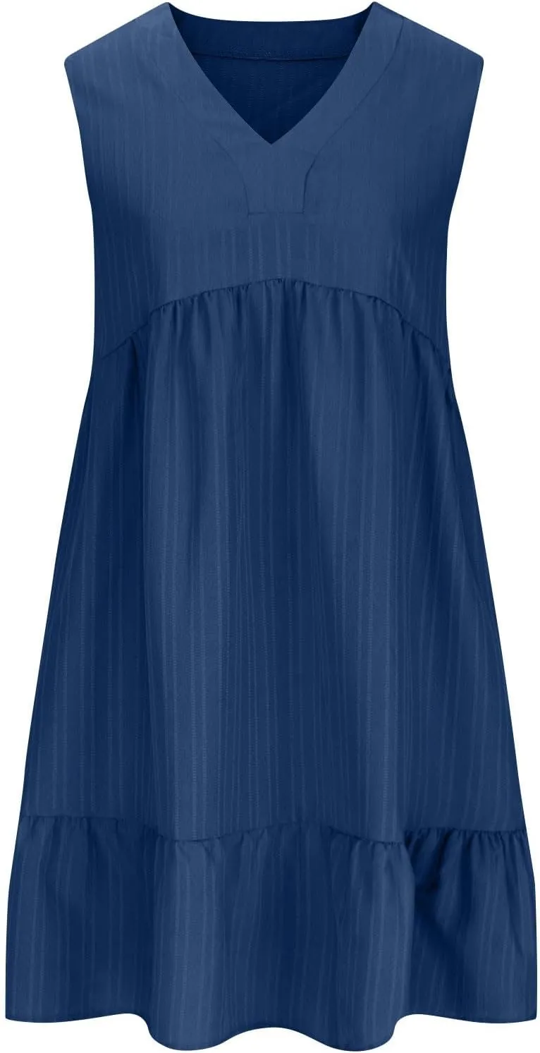 Summer Mini Dress for Women 2025 Pleated Ruffle Dresses Sleeveless V Neck Patchwork Sundress Beach Vacation Outfits