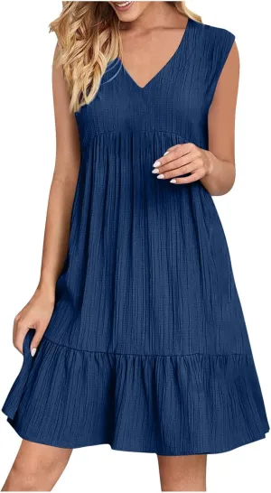 Summer Mini Dress for Women 2025 Pleated Ruffle Dresses Sleeveless V Neck Patchwork Sundress Beach Vacation Outfits