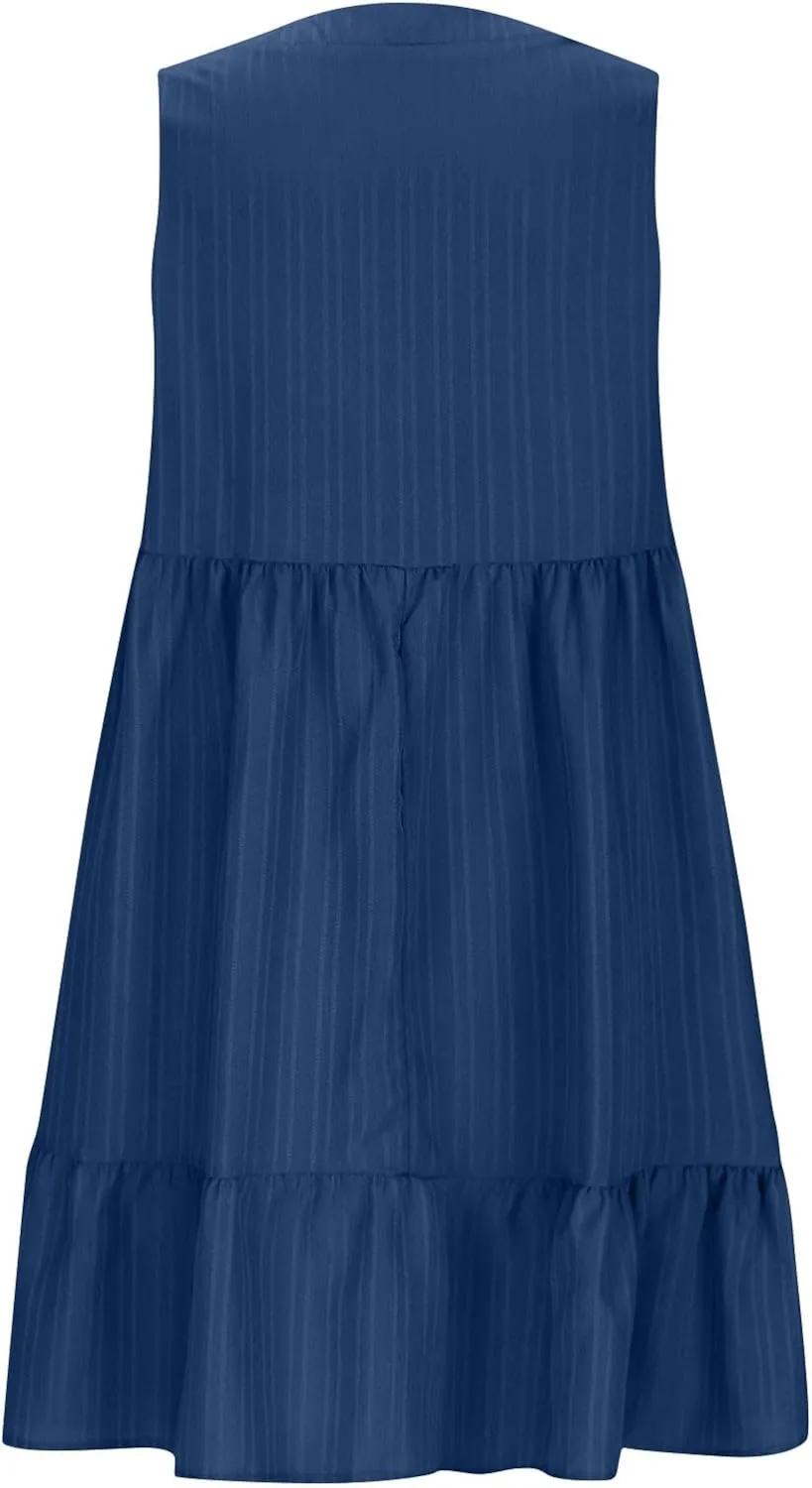 Summer Mini Dress for Women 2025 Pleated Ruffle Dresses Sleeveless V Neck Patchwork Sundress Beach Vacation Outfits