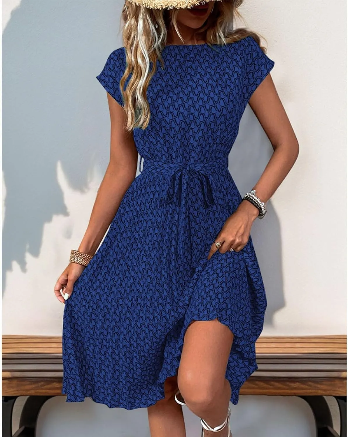Summer Mini Dresses for Women 2025 Floral Cap Sleeve Tie Waist Midi Dresses Boho Pleated Ruffle Knee Length Dress