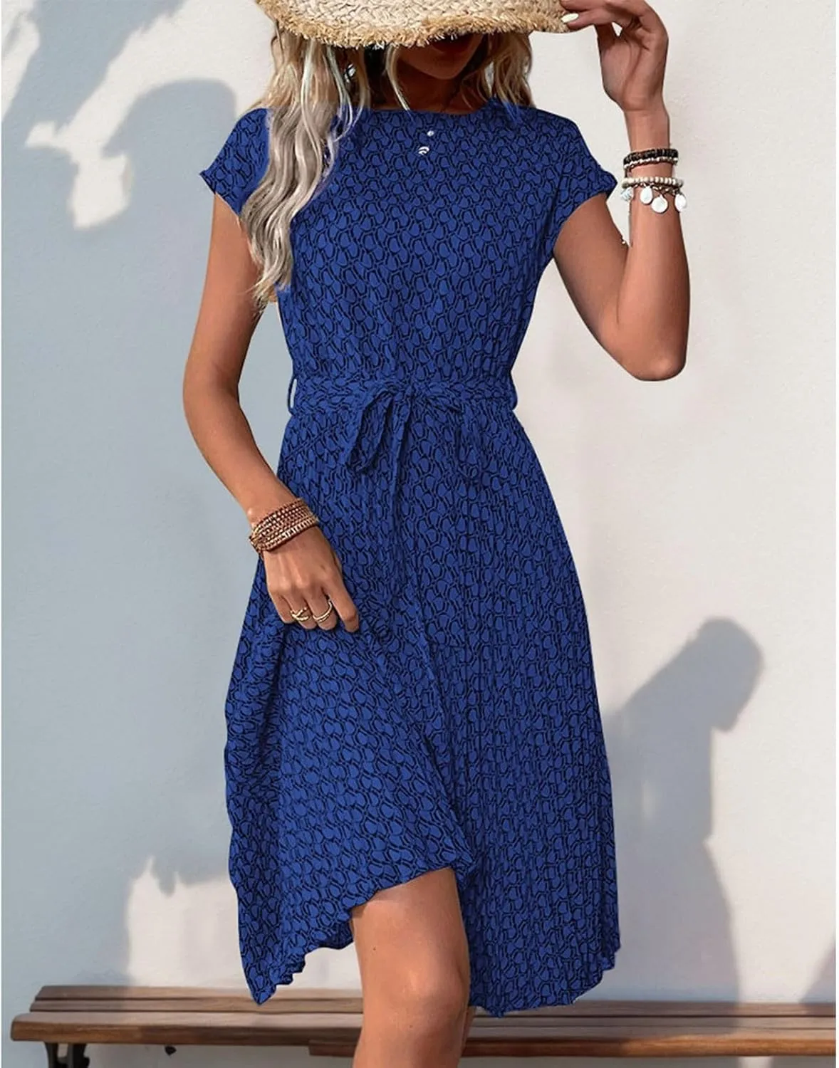 Summer Mini Dresses for Women 2025 Floral Cap Sleeve Tie Waist Midi Dresses Boho Pleated Ruffle Knee Length Dress