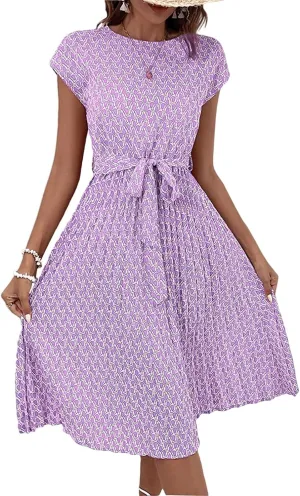 Summer Mini Dresses for Women 2025 Floral Cap Sleeve Tie Waist Midi Dresses Boho Pleated Ruffle Knee Length Dress