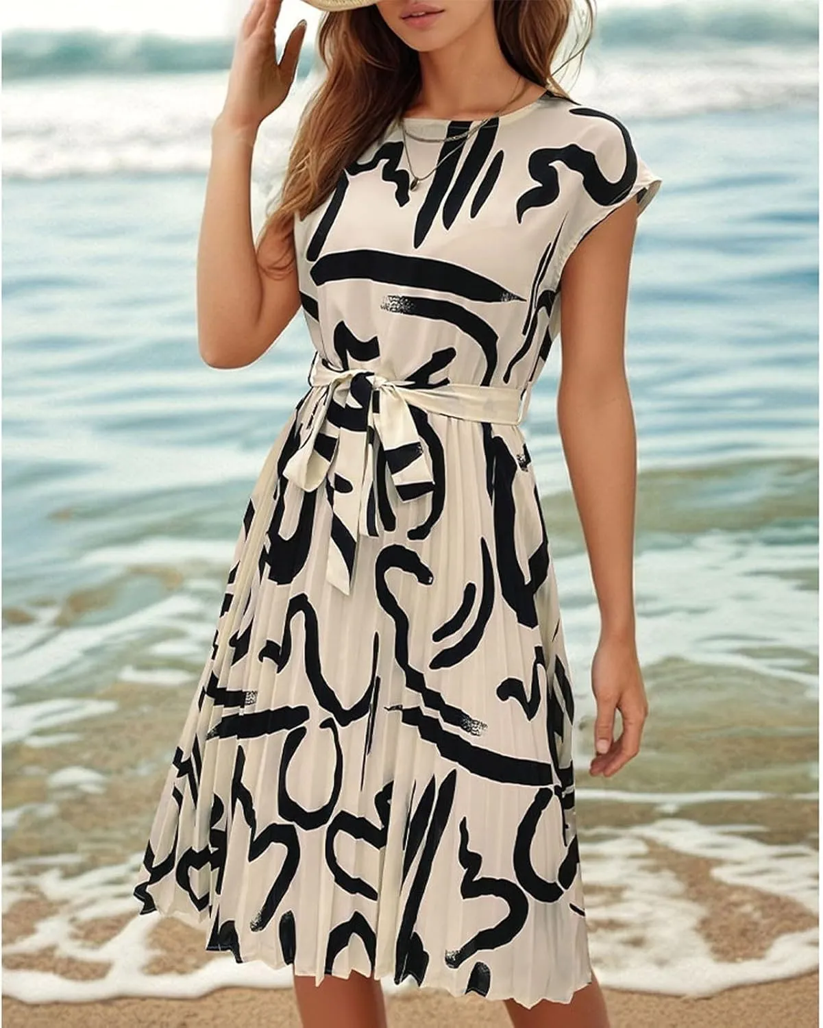 Summer Mini Dresses for Women 2025 Floral Cap Sleeve Tie Waist Midi Dresses Boho Pleated Ruffle Knee Length Dress