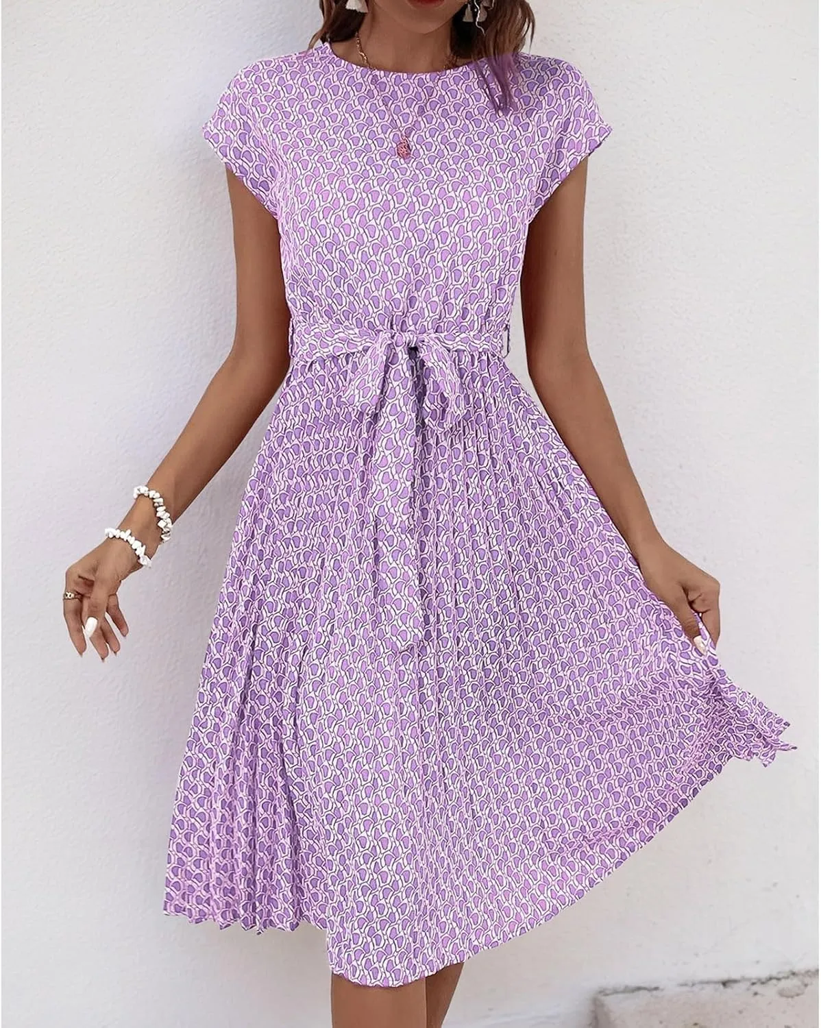 Summer Mini Dresses for Women 2025 Floral Cap Sleeve Tie Waist Midi Dresses Boho Pleated Ruffle Knee Length Dress