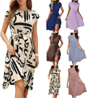 Summer Mini Dresses for Women 2025 Floral Cap Sleeve Tie Waist Midi Dresses Boho Pleated Ruffle Knee Length Dress