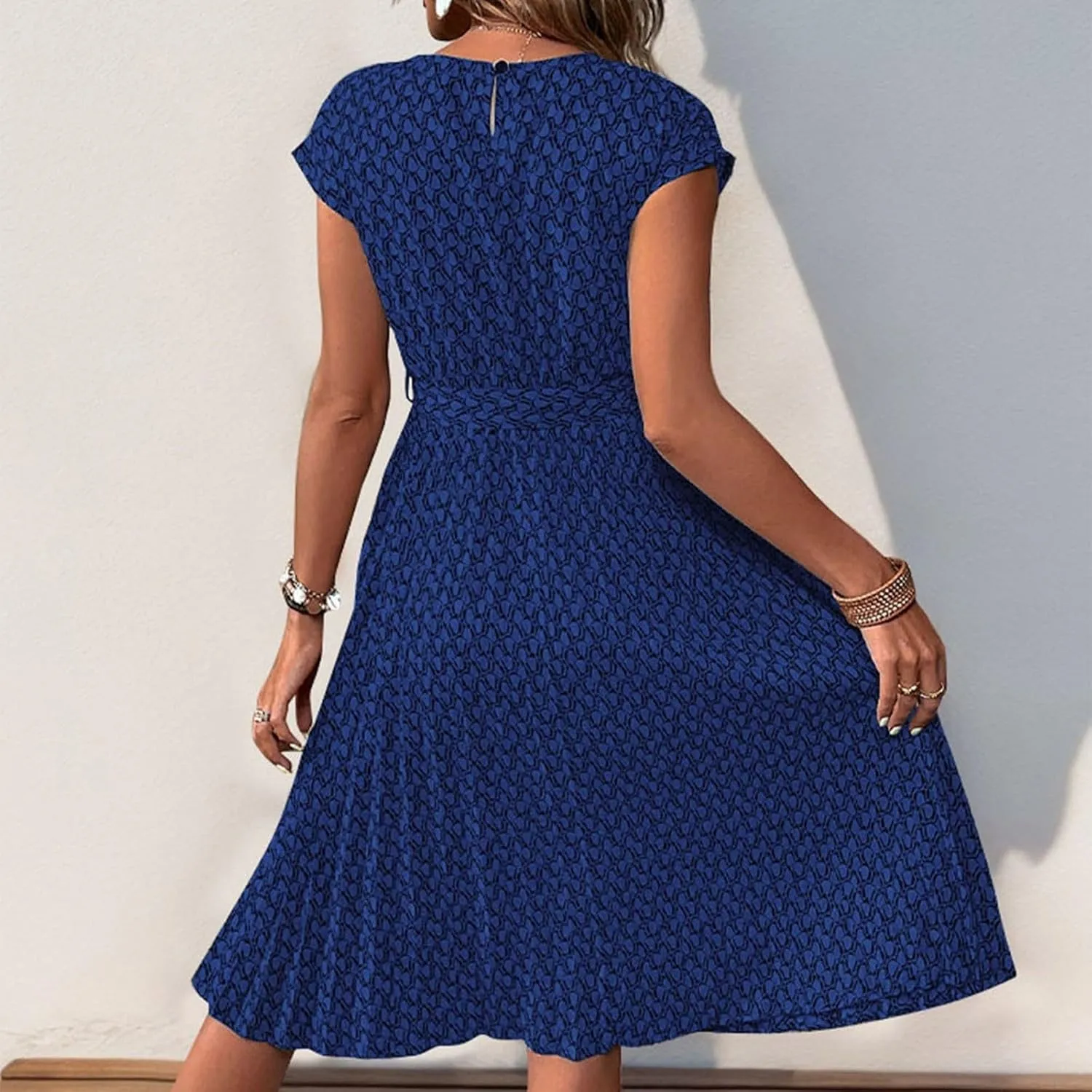 Summer Mini Dresses for Women 2025 Floral Cap Sleeve Tie Waist Midi Dresses Boho Pleated Ruffle Knee Length Dress