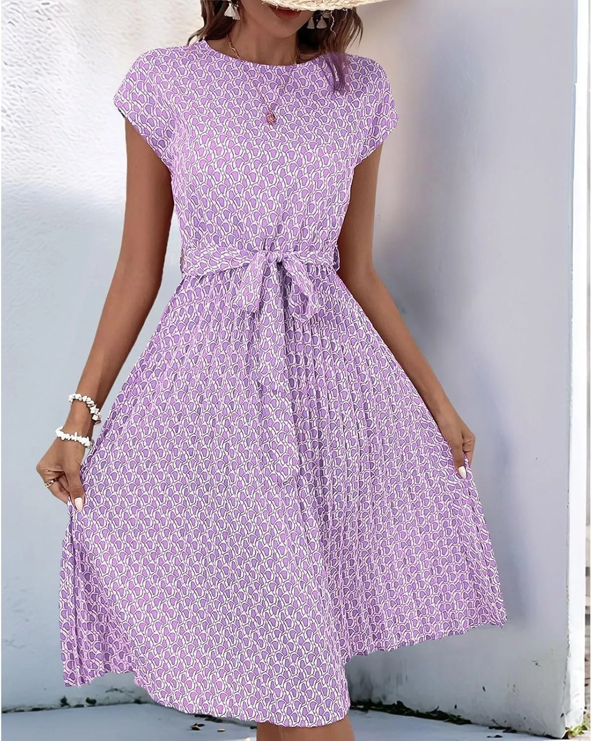 Summer Mini Dresses for Women 2025 Floral Cap Sleeve Tie Waist Midi Dresses Boho Pleated Ruffle Knee Length Dress