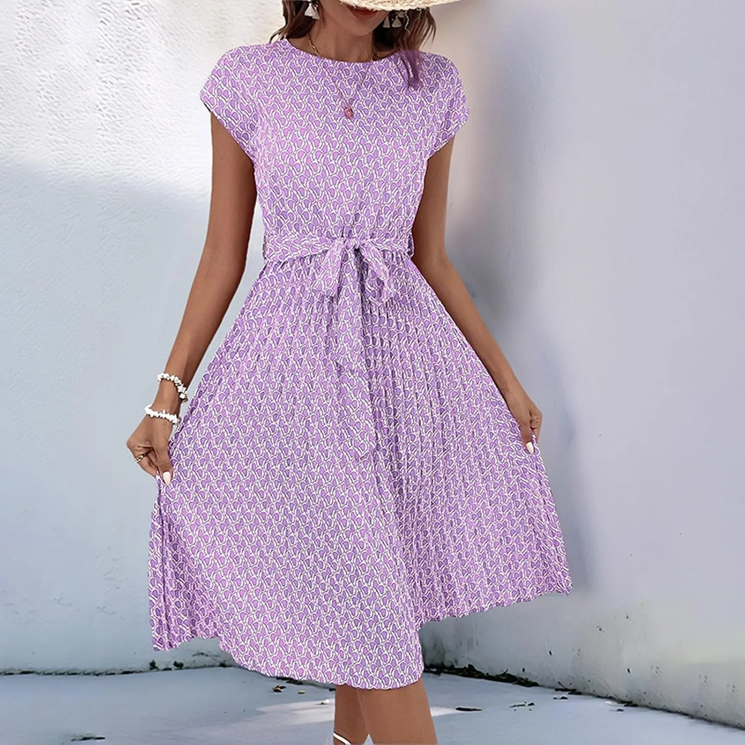Summer Mini Dresses for Women 2025 Floral Cap Sleeve Tie Waist Midi Dresses Boho Pleated Ruffle Knee Length Dress