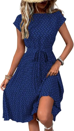 Summer Mini Dresses for Women 2025 Floral Cap Sleeve Tie Waist Midi Dresses Boho Pleated Ruffle Knee Length Dress