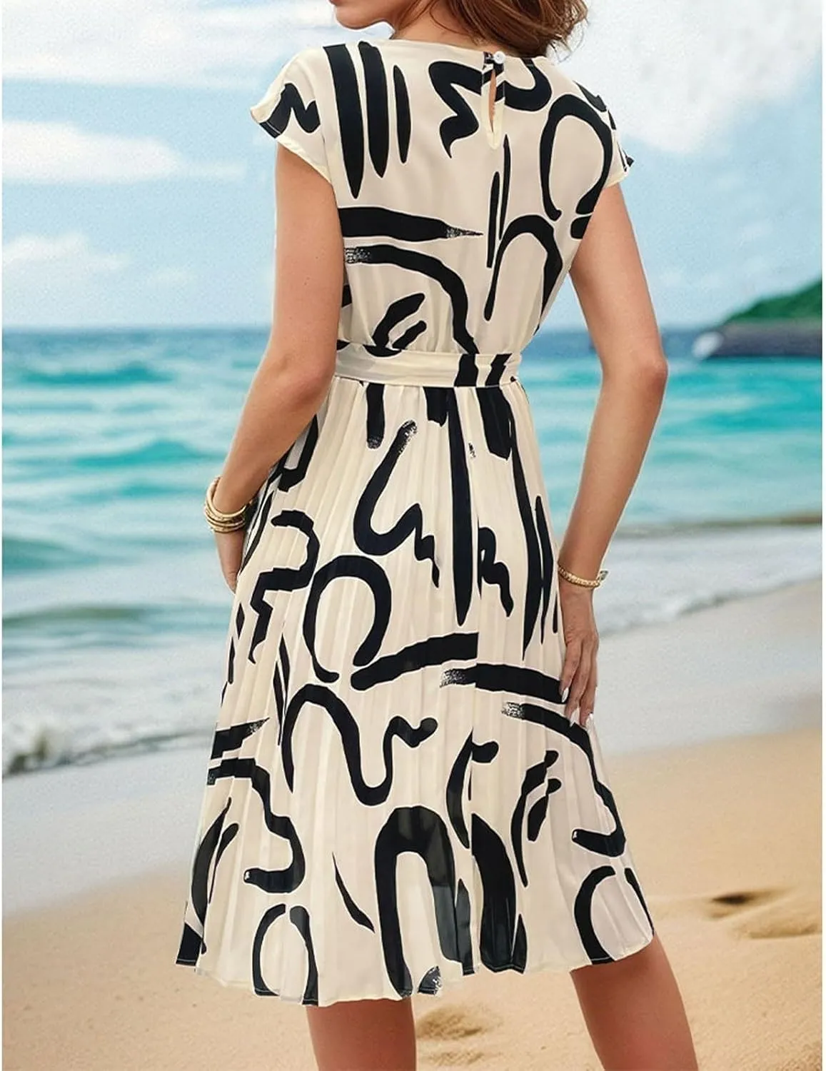 Summer Mini Dresses for Women 2025 Floral Cap Sleeve Tie Waist Midi Dresses Boho Pleated Ruffle Knee Length Dress